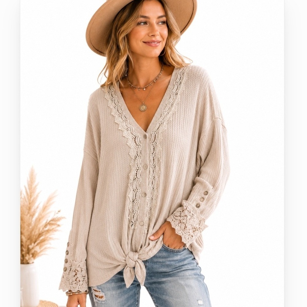 Cream Waffle Knit Lace Trim Tie Front Top Small Boho Romantic